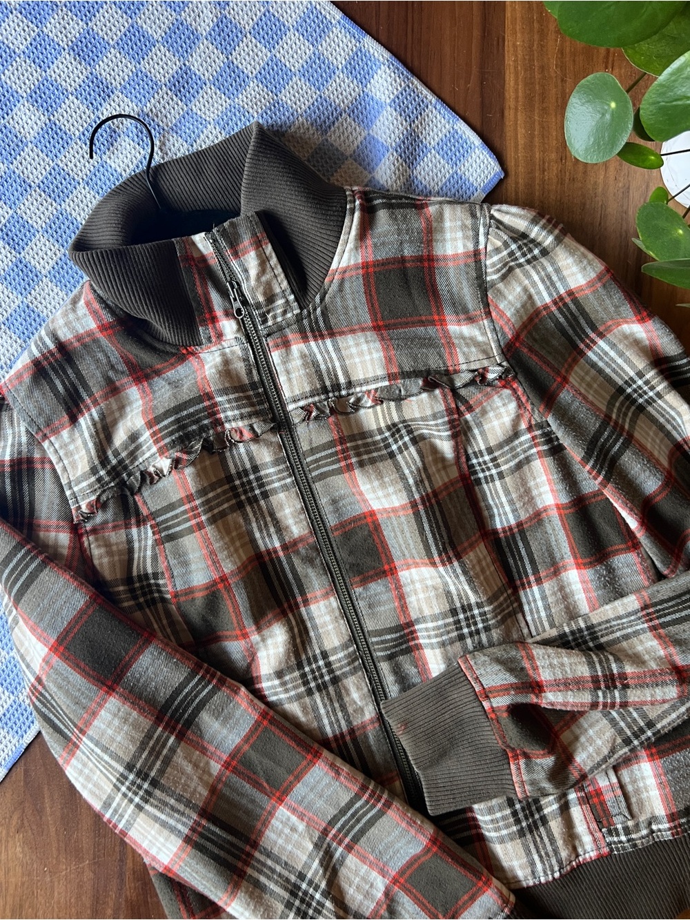 Rubbish Brown Plaid Zip Jacket with Red Accents